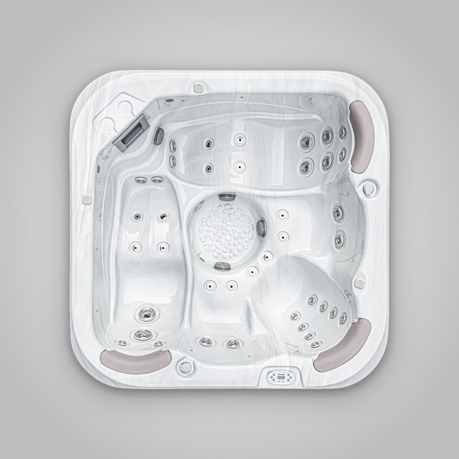 Jacuzzi S-550 hot tub seen from directly above, showing both loungers and the foot dome