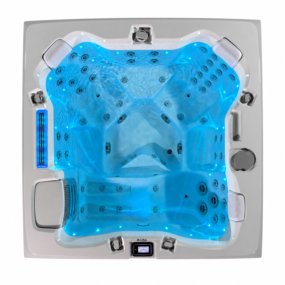Edge Kensington Hot Tub in Dark Grey - illuminated overhead lounger view - square white background - July 2026