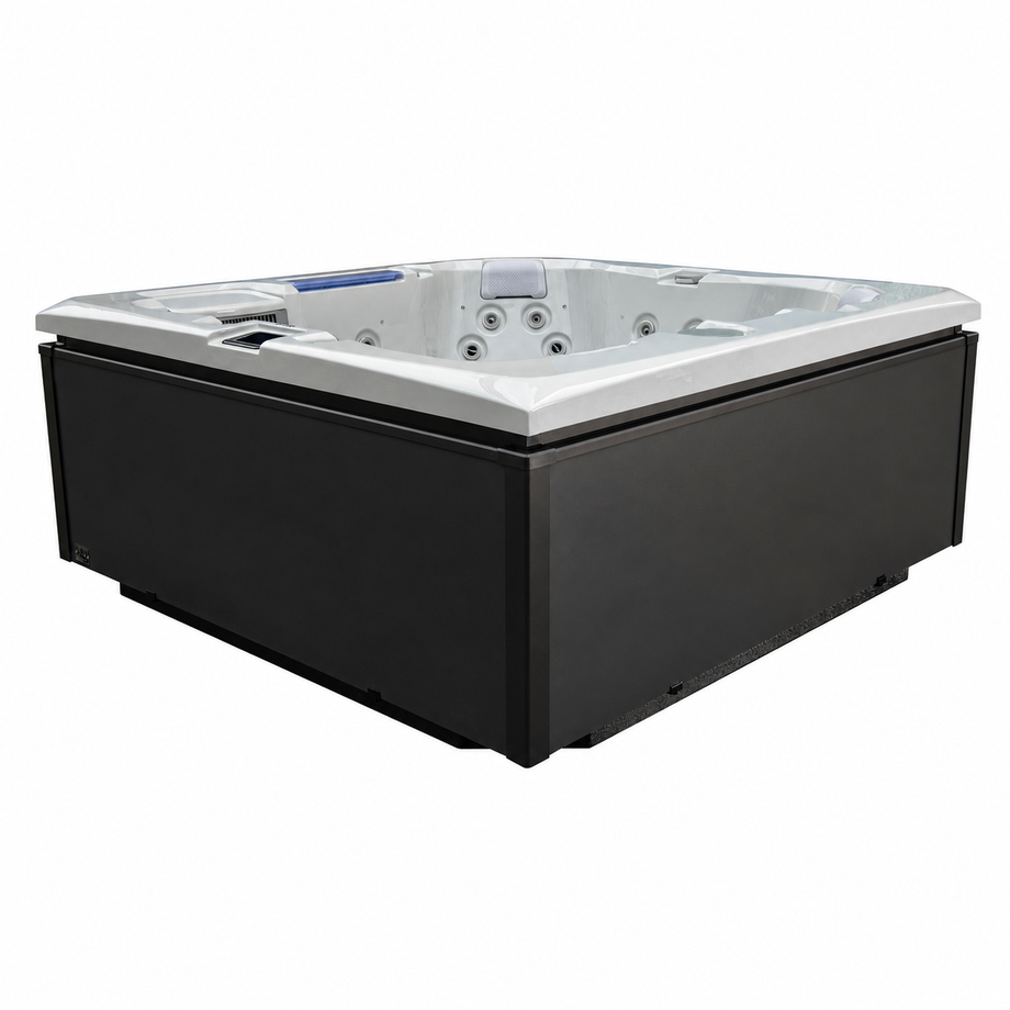 Edge Kensington Hot Tub in Dark Grey - seating and cabinet view - square white background - July 2026
