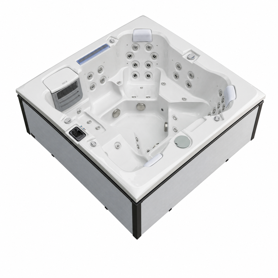 Edge Kensington Hot Tub in Light Grey - lounger layout - square white background - July 2026