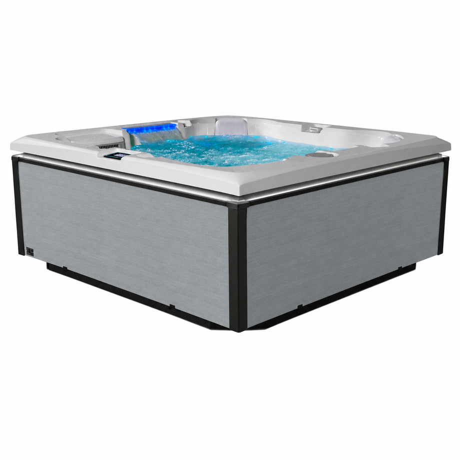 Edge Kensington Hot Tub in Light Grey - illuminated exterior - square white background - July 2026