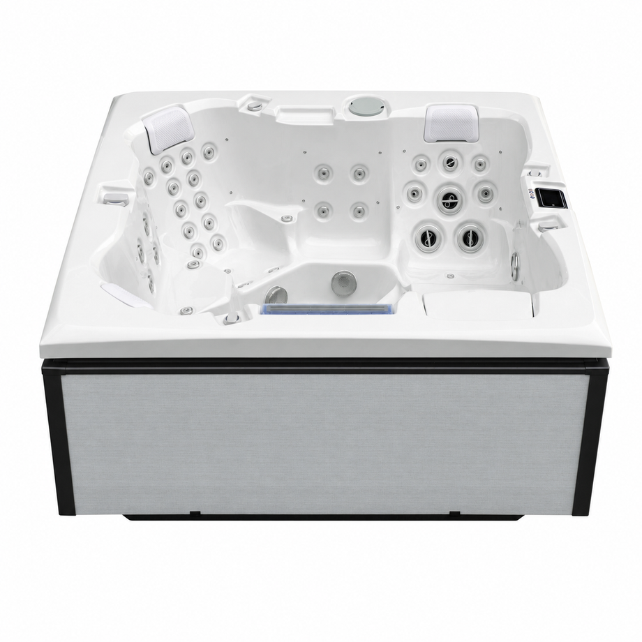 Edge Kensington Hot Tub in Light Grey - seating and cabinet view - square white background - July 2026