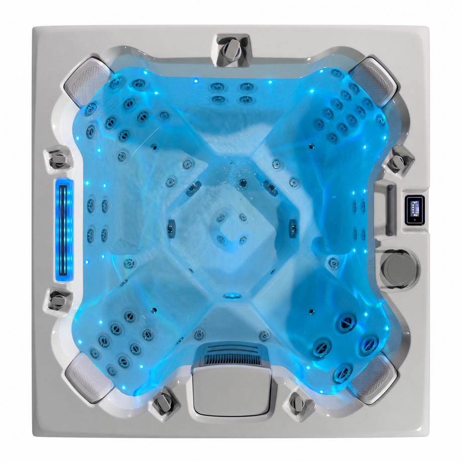 Edge Knightsbridge Hot Tub in Dark Grey - illuminated overhead all-seater view - square white background - July 2026