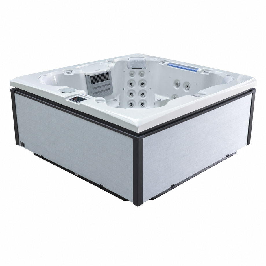 Edge Knightsbridge Hot Tub in Light Grey - cabinet exterior - square white background - July 2026