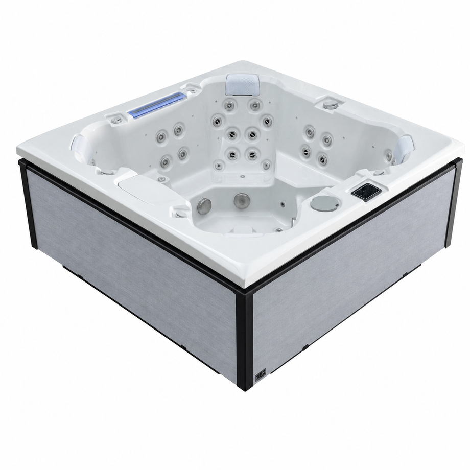 Edge Knightsbridge Hot Tub in Light Grey - all-seater seating view - square white background - July 2026