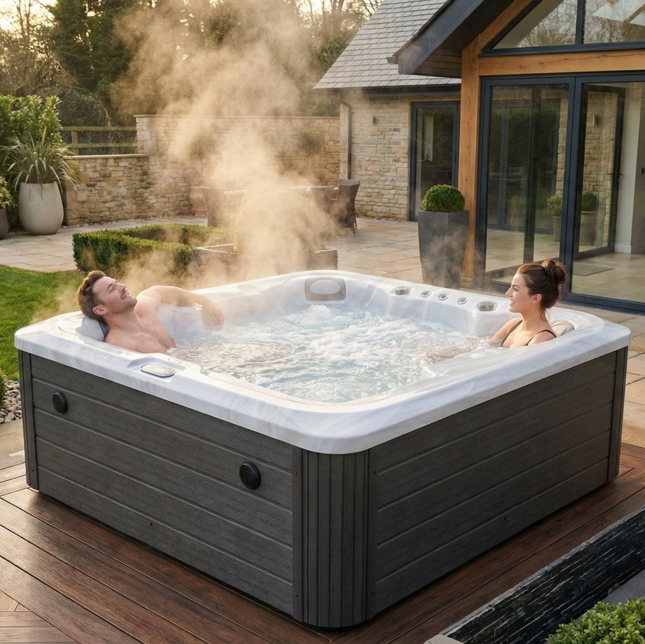 Two people in a hot tub on a patio with a house and garden in the background