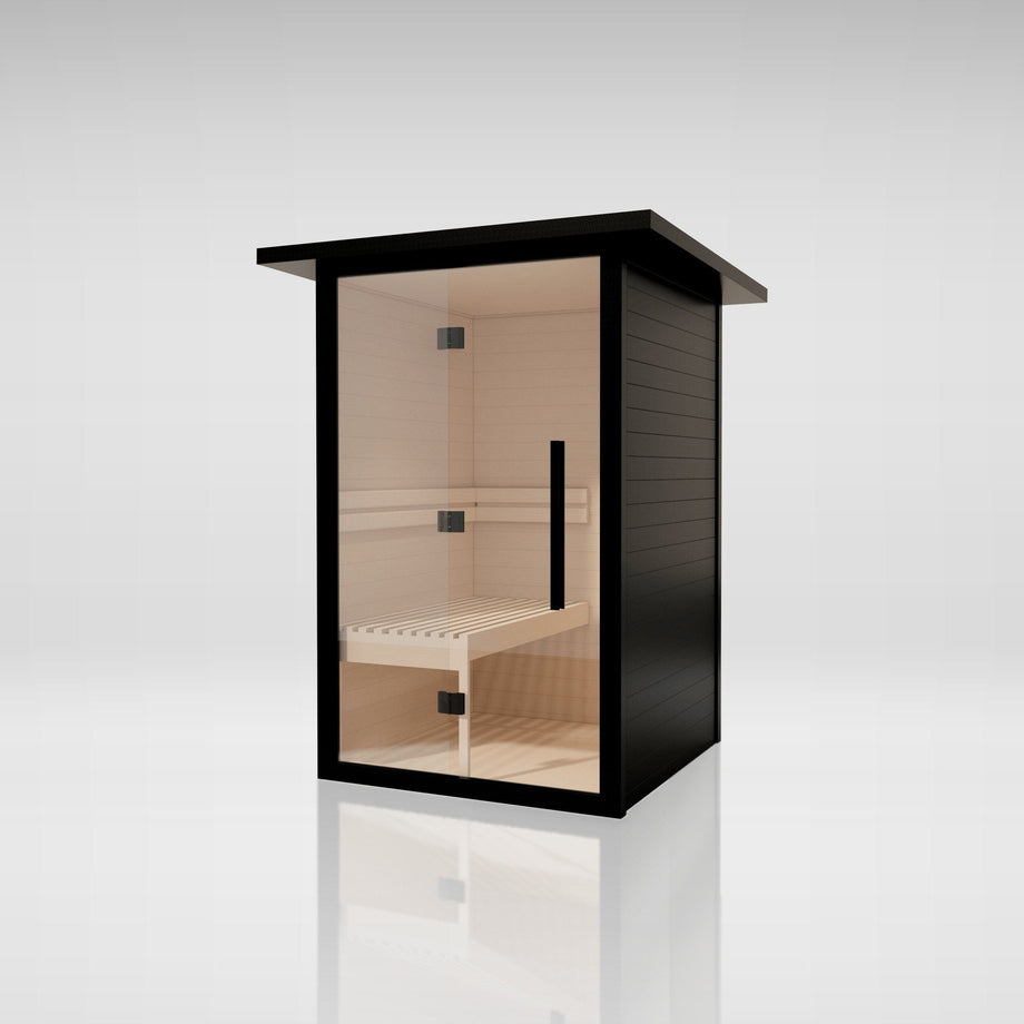 Outdoor Living Traditional Aluminium 2 person outdoor sauna, angled studio view with black aluminium walls and full-height glass front