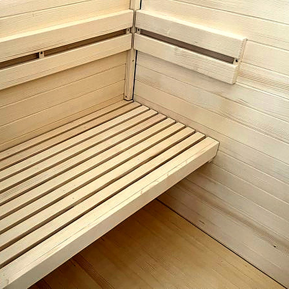 Spruce bench inside the Outdoor Living Aluminium sauna