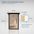 Load image into Gallery viewer, Outdoor Living Aluminium sauna sizes: 135 cm wide with the roof, 192 cm tall; walls 119 by 105 cm, bench along the left side
