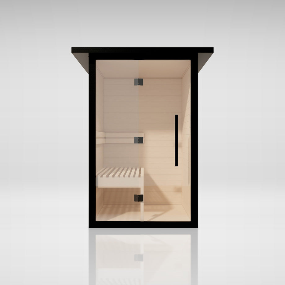 Outdoor Living Aluminium sauna, front studio view through the glass door