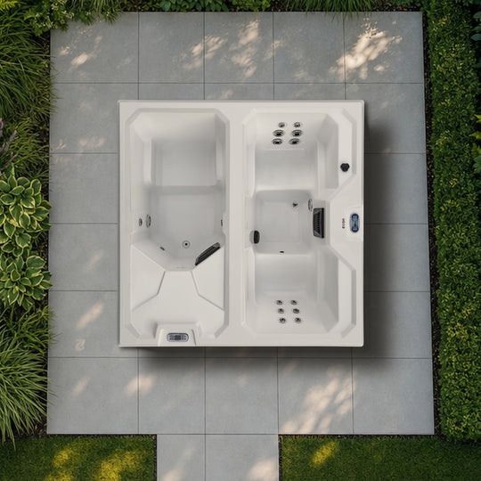 The Outdoor Living ArcticBlaze seen from above in a garden, to scale (illustrative garden)