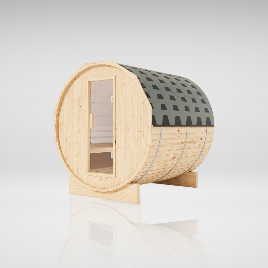 Outdoor Living Barrel Sauna Thermo with shingle roof and glass door, angled studio view