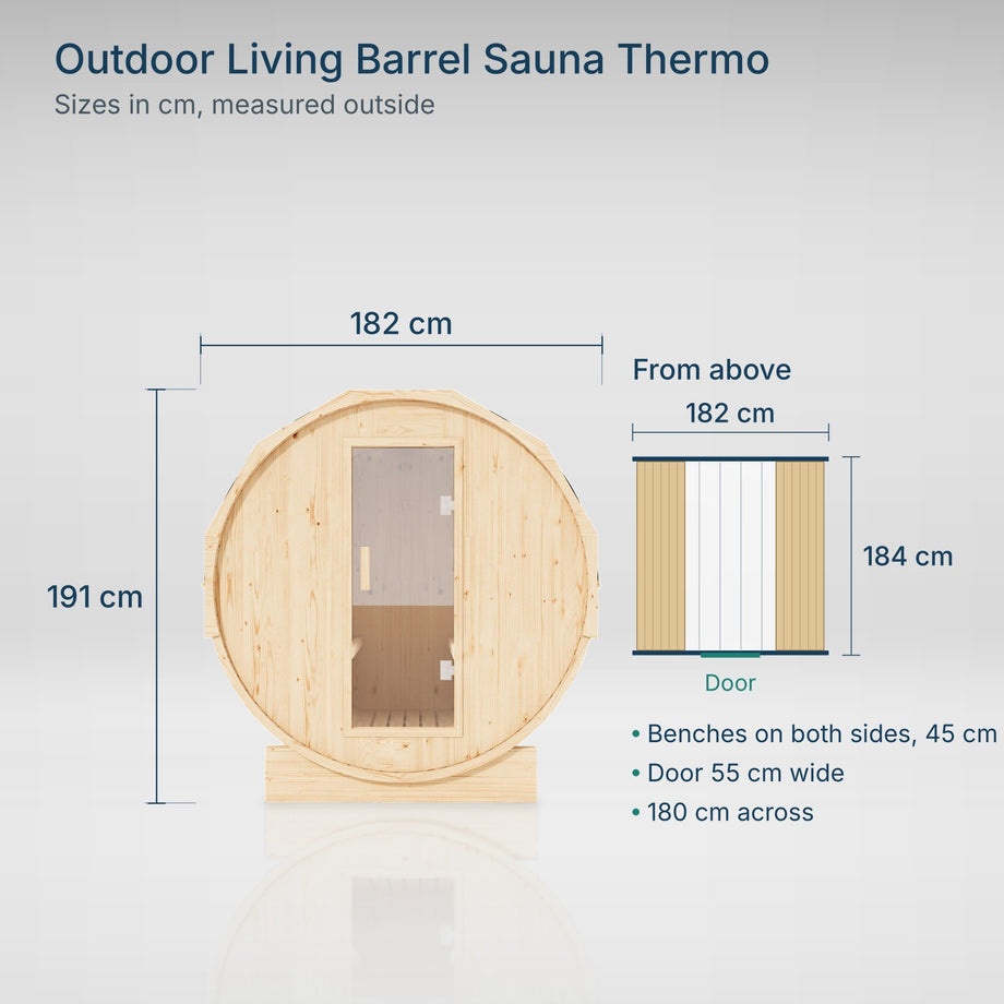 Outdoor Living Barrel Sauna Thermo sizes: 182 cm wide, 184 cm deep, 191 cm tall
