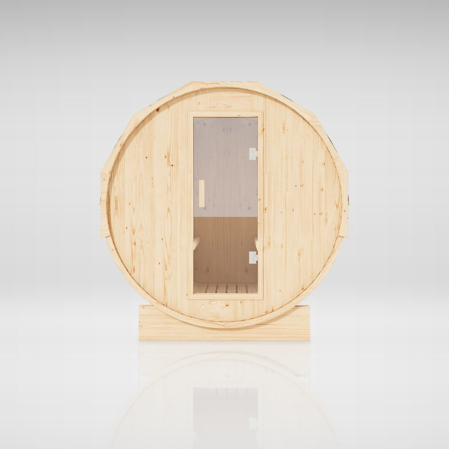 Outdoor Living Barrel Sauna Thermo, front studio view of the glass door