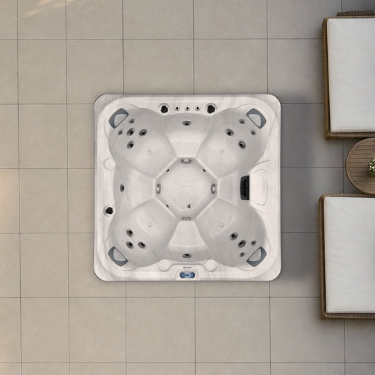 The Outdoor Living Cove hot tub in Silver Marble seen from above, to scale