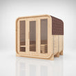 Load image into Gallery viewer, Outdoor Living Cube outdoor sauna in spruce with red-brown shingle roof, angled studio view
