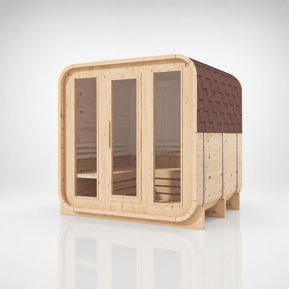 Outdoor Living Cube outdoor sauna in spruce with red-brown shingle roof, angled studio view