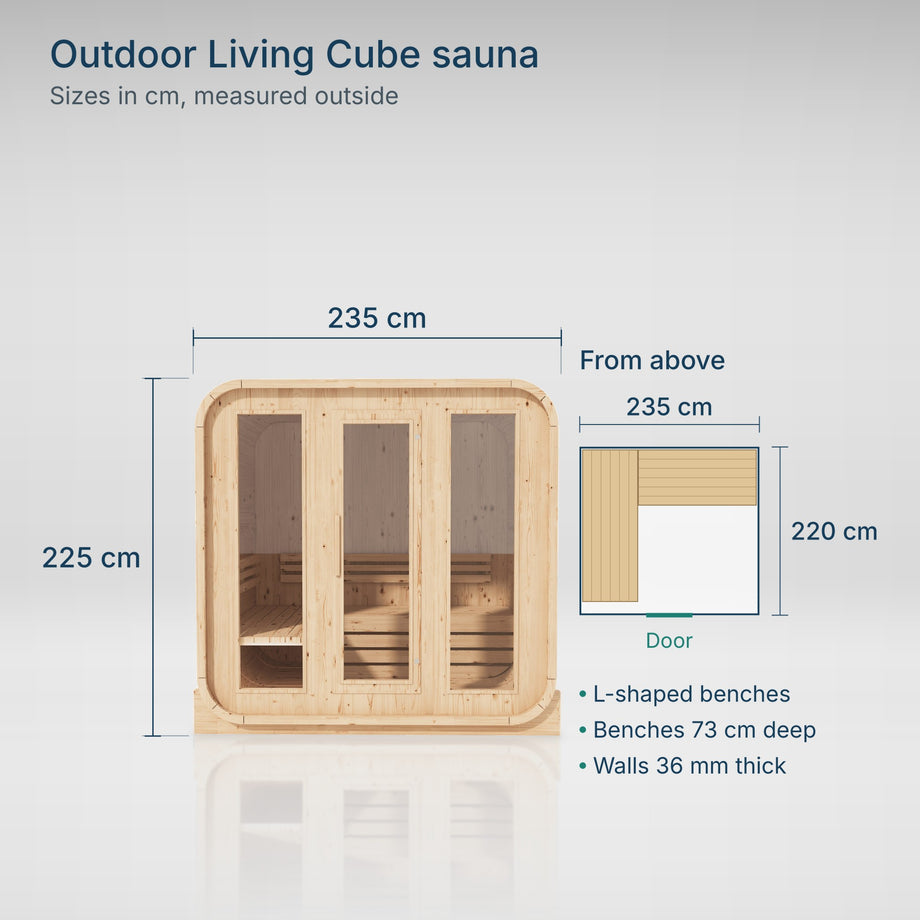 Outdoor Living Cube sauna sizes: 235 cm wide, 220 cm deep, 225 cm tall
