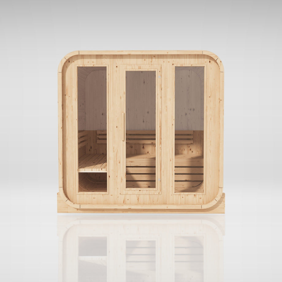Outdoor Living Cube sauna, front studio view of the three glass panels and door