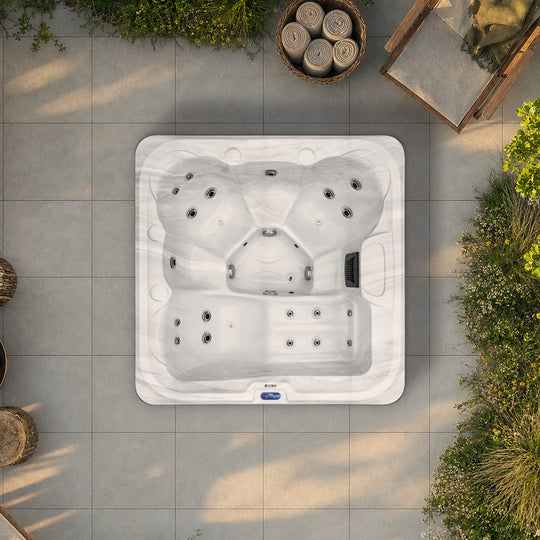The Outdoor Living Escape hot tub in Silver Marble seen from above, to scale