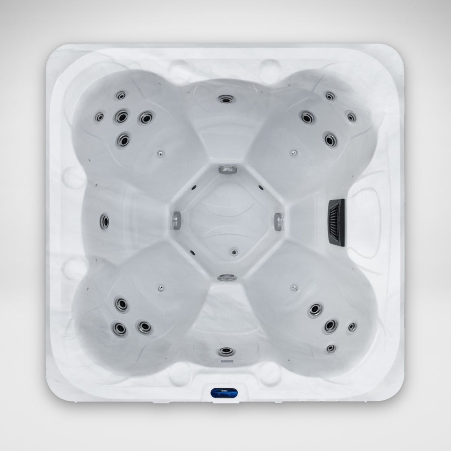 The Outdoor Living Hideaway hot tub in Silver Marble seen from above, showing seven seats