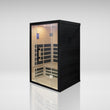 Load image into Gallery viewer, Outdoor Living 2 person indoor infrared sauna in black, angled studio view showing the black walls, black handle and side vent
