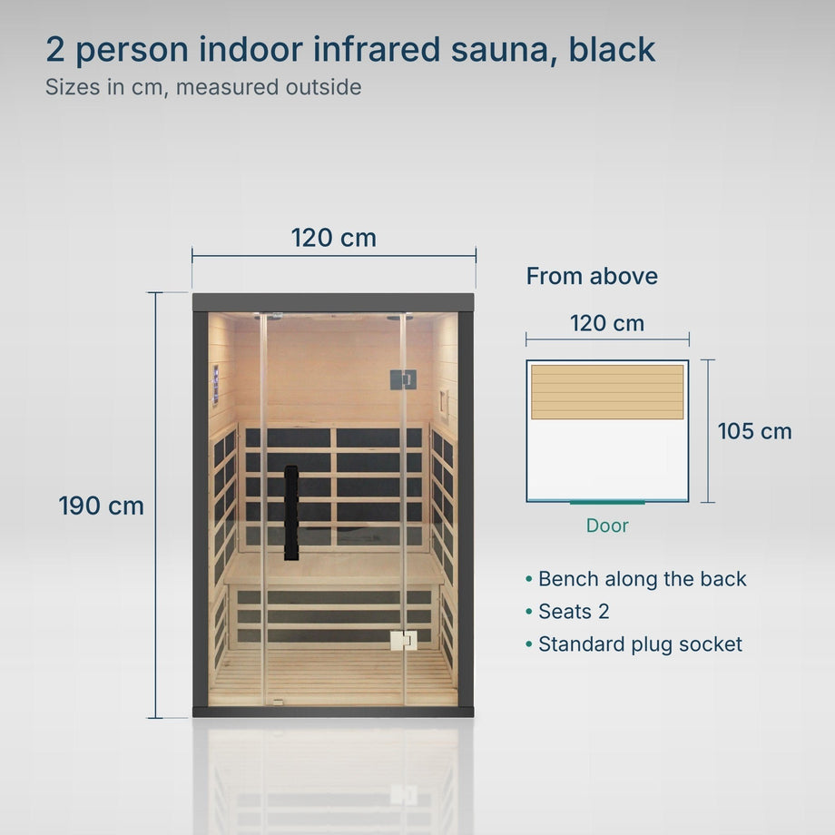 2 person indoor infrared sauna in black, sizes: 120 cm wide, 105 cm deep, 190 cm tall