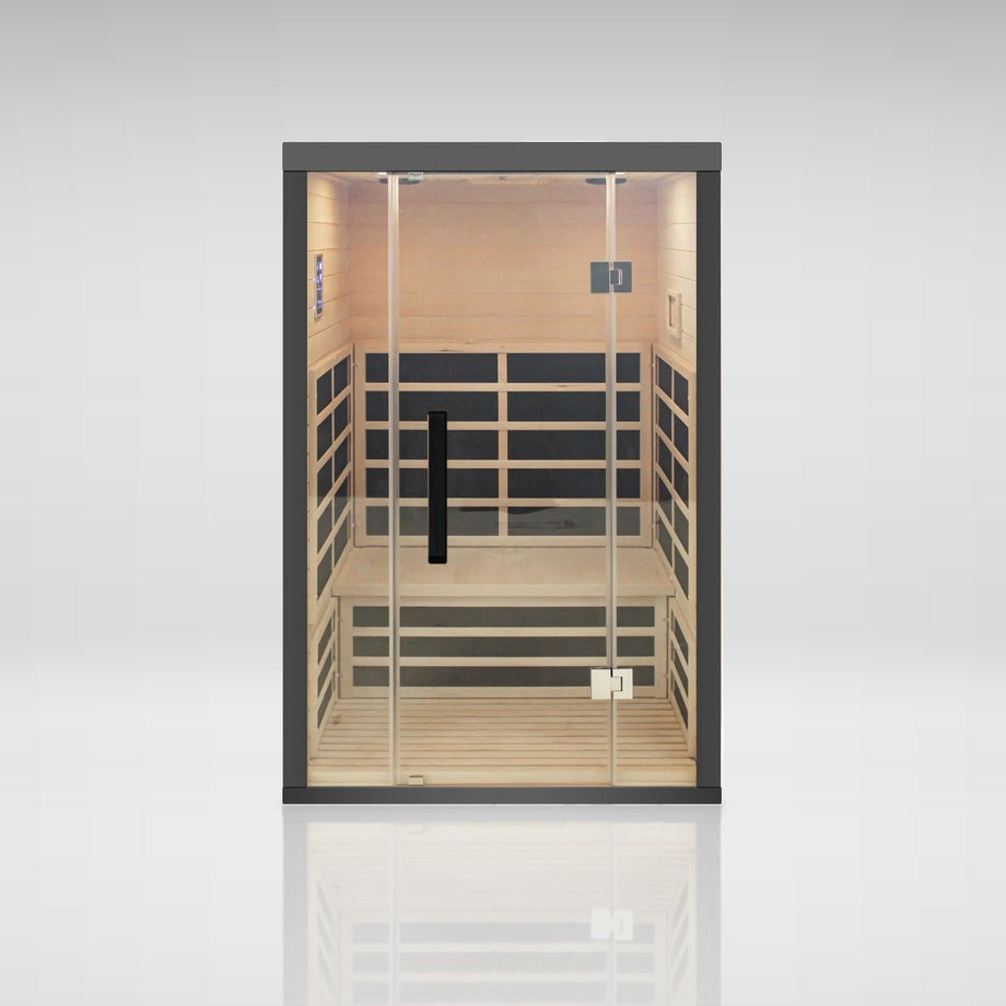 Outdoor Living 2 person indoor infrared sauna in black, front studio view with the black door handle