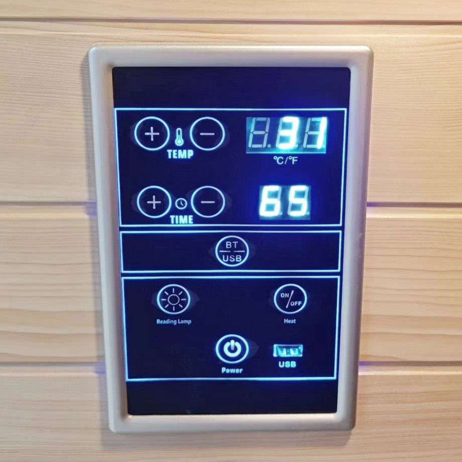 Control panel inside the Outdoor Living infrared sauna for temperature, time, light and music