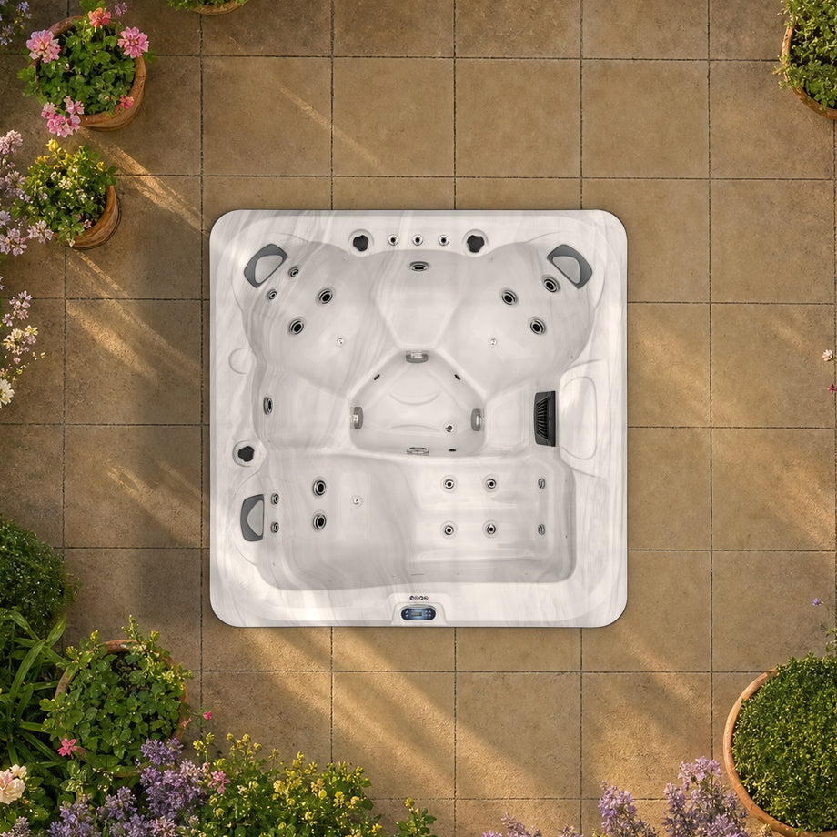The Outdoor Living Lagoon hot tub in Silver Marble seen from above, to scale