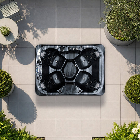 The Outdoor Living Reef hot tub in Midnight Opal seen from above, to scale