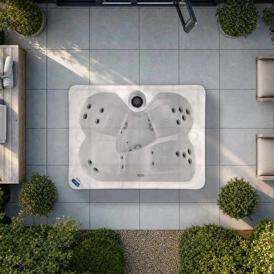 The Outdoor Living Retreat hot tub in Silver Marble seen from above, to scale
