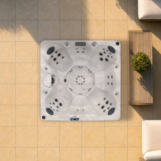 The Outdoor Living Sanctuary hot tub in Silver Marble seen from above, to scale