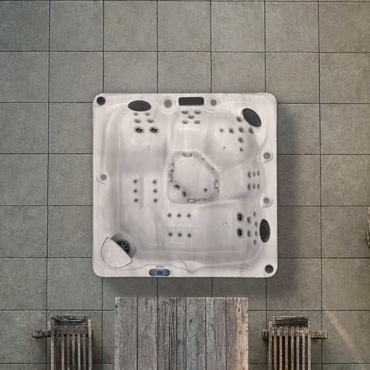 The Outdoor Living Serenity hot tub in Silver Marble seen from above, to scale