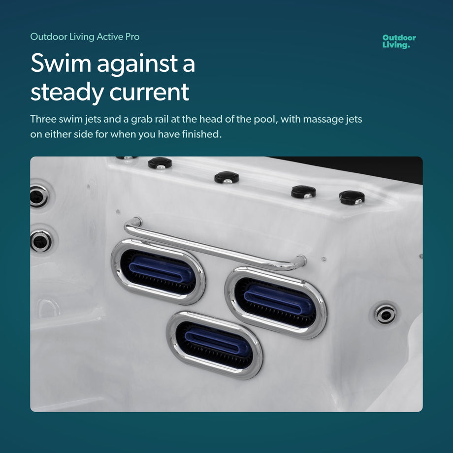 Close-up of the three swim jets and grab rail in the Outdoor Living Active Pro