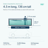 Load image into Gallery viewer, Side view of the Outdoor Living Active Pro drawn to scale next to a 175 cm adult and a family car: 450 cm long and 136 cm tall