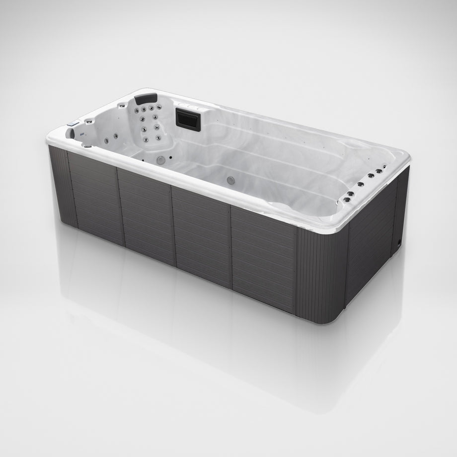 Outdoor Living Active Pro 15ft swim spa on a silver studio floor, view 6