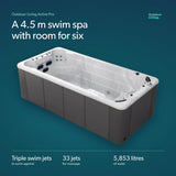 Load image into Gallery viewer, The Outdoor Living Active Pro: a 4.5 m swim spa with seats for six, triple swim jets and 33 massage jets