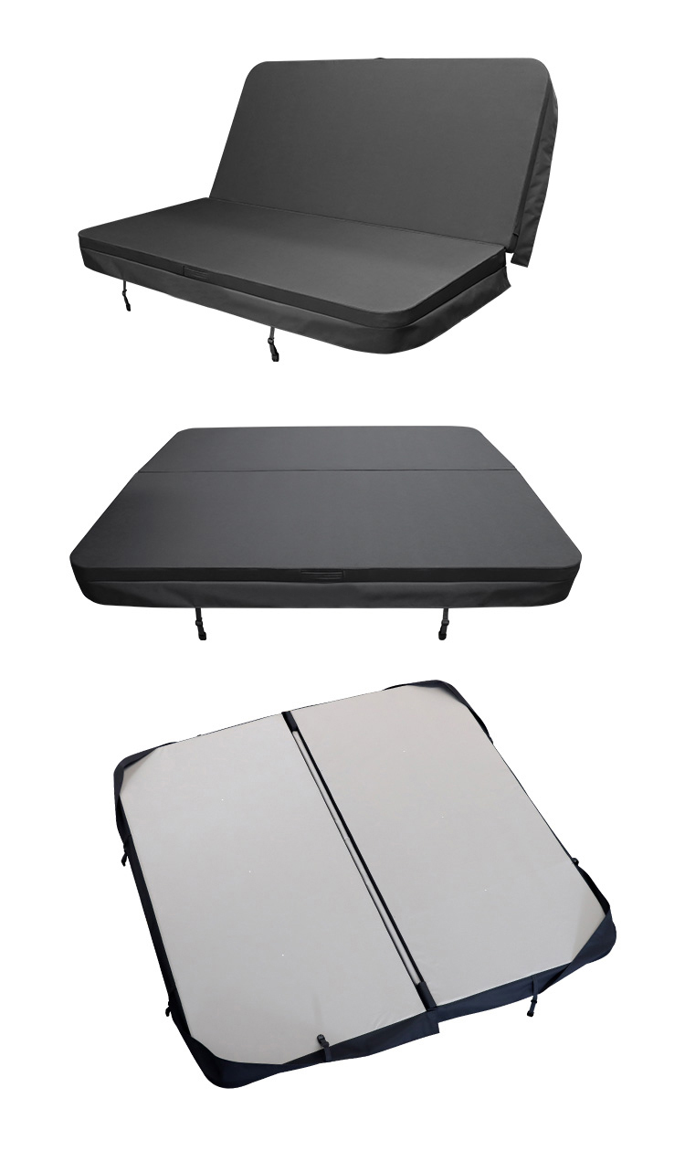 Hot tub cover shown open and closed with its fastening straps