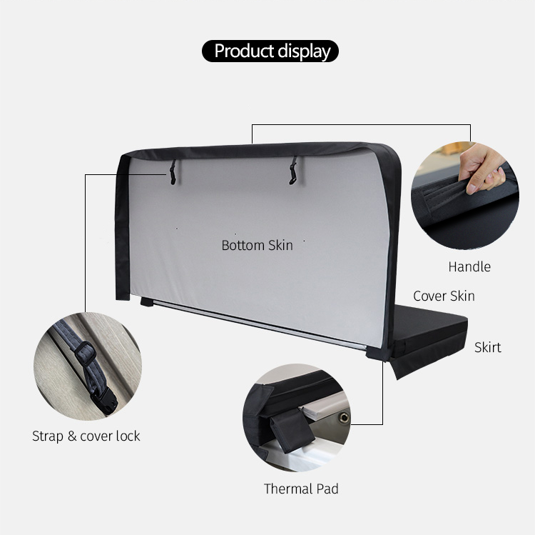Cover construction details showing the skin, skirt, handle, strap lock and thermal pad