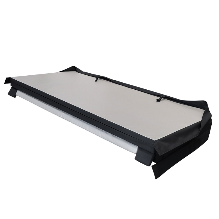 Hot tub cover underside shown with straps and skirt