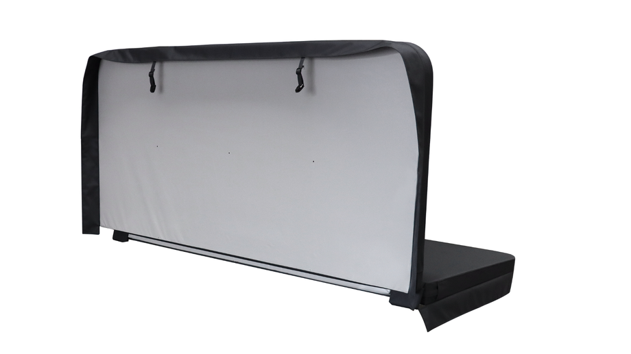 Hot tub cover shown raised, closed and from above