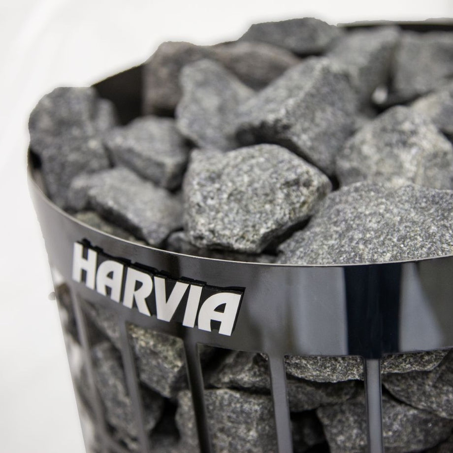 Close up of the stones in a black Harvia Cilindro heater
