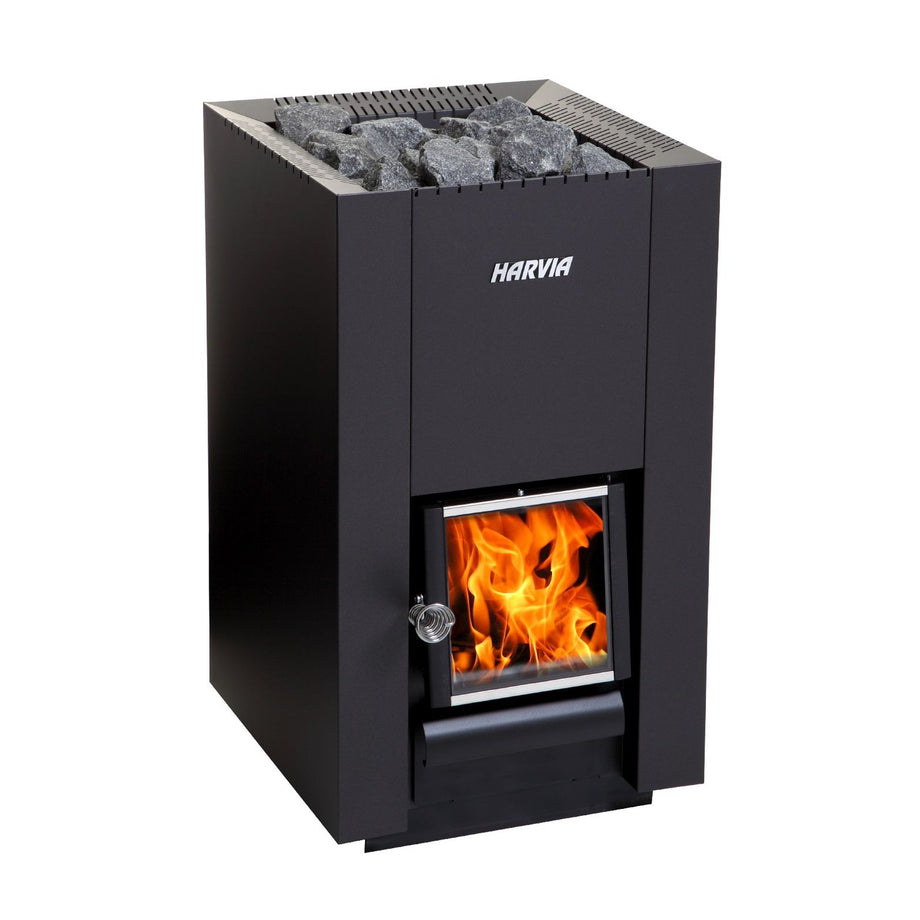 Harvia Linear 18 Compact black wood-burning sauna stove with the fire lit