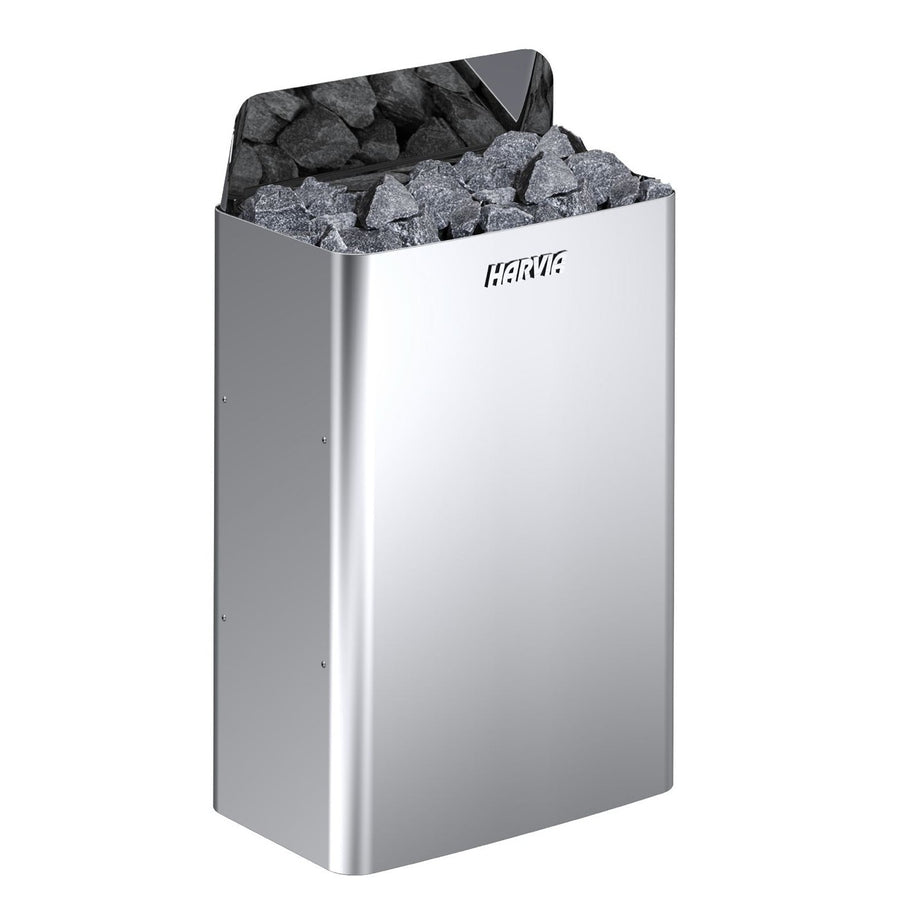 Harvia The Wall 9kW stainless steel wall-mounted sauna heater filled with stones