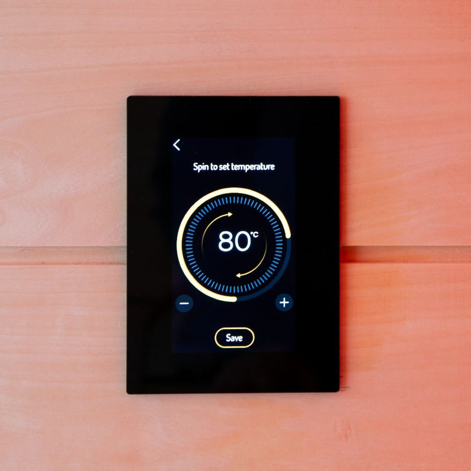 Harvia Fenix control panel showing the set temperature