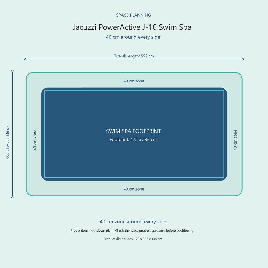 Top-down space plan for Jacuzzi PowerActive J-16 Swim Spa, showing the 472 x 236 cm footprint and a 40 cm zone around every side.