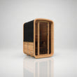Load image into Gallery viewer, Hekla Mini Cube outdoor sauna in Scandi thermo-spruce, angled view showing the glass front and shingle roof
